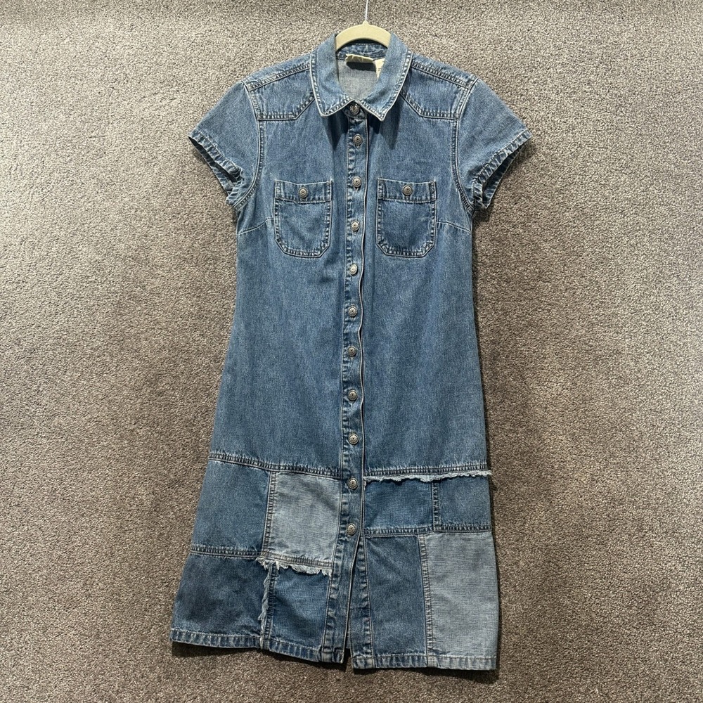VTG Faded Glory Patchwork Denim Dress Blue Button Front Y2K 9/10 Western Grunge